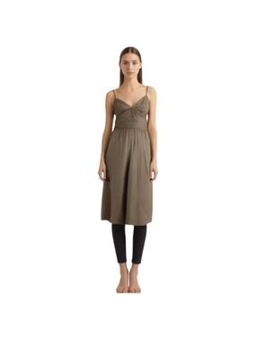 Jacob 100% silk taupe brown ruched spaghetti strap midi dress 1/2